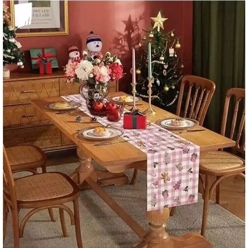 Christmas Table Runner Pink Plaid Tree Gingerbread Candy Cane Presents 13''x 72”